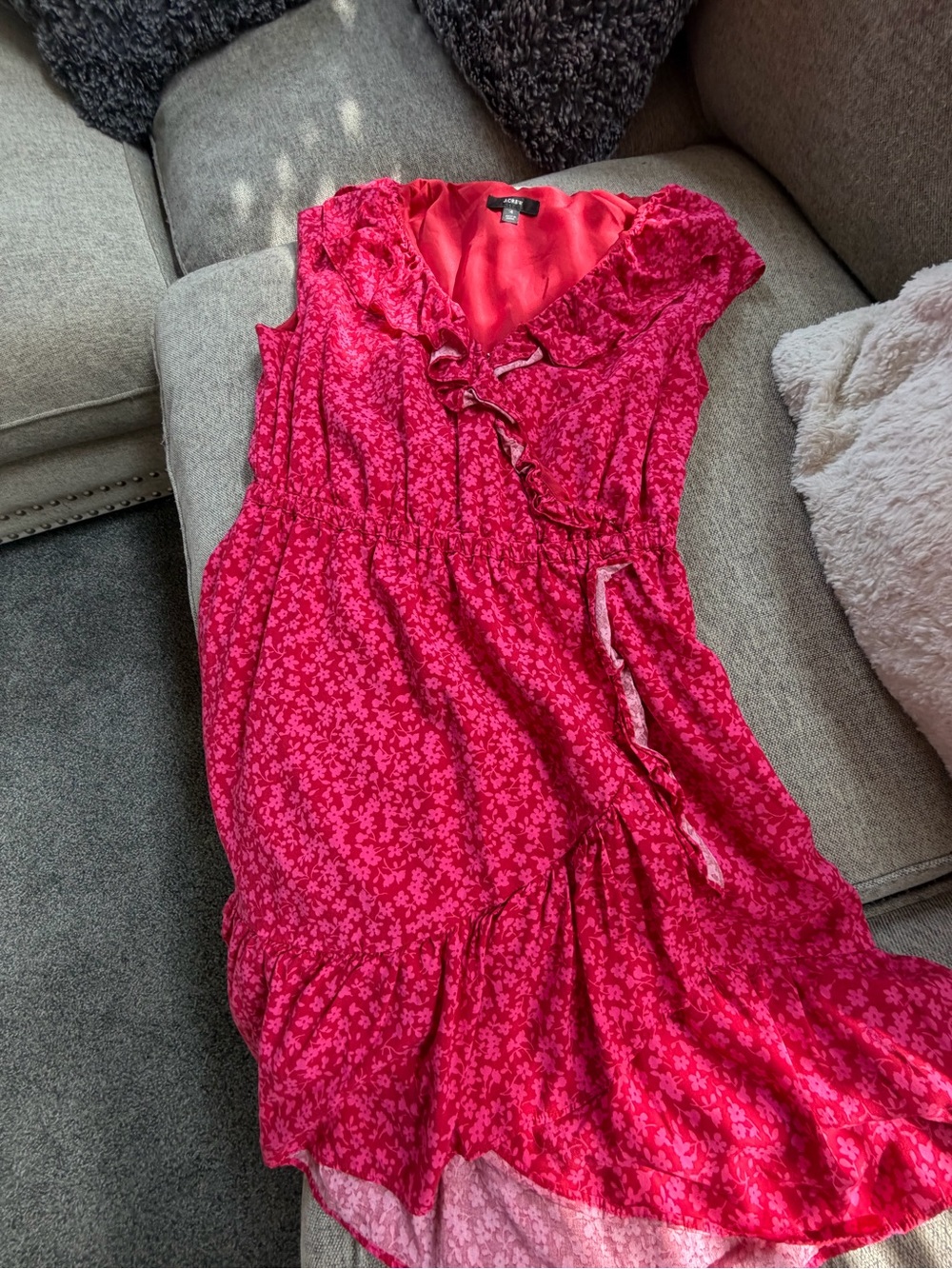 J. Crew Bright Fuchsia Floral Ruffle Wrap Midi Dress